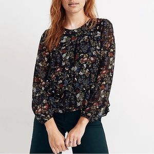 Madewell Sheer Sleeve Ruffle Peplum Floral Bird Printed Top in Finch Floral - S